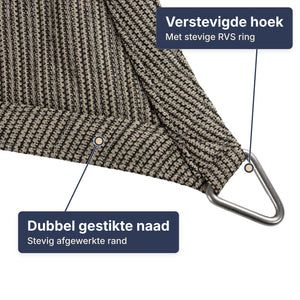 Detail van een hoek van het schaduwdoek in taupe