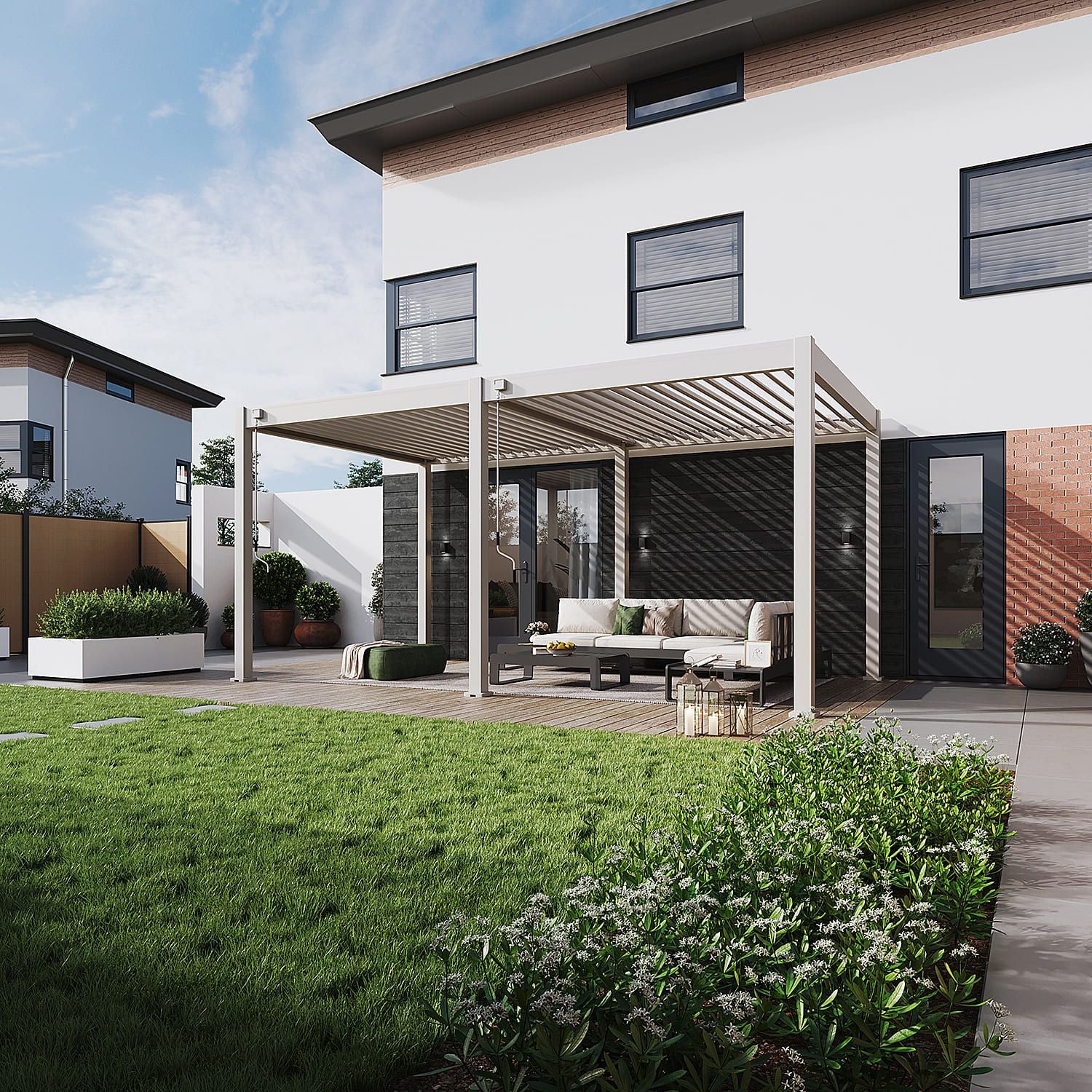 Orion Comfort lamellen overkapping 3x5.3 sand op terras