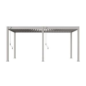 Lamellen overkapping 3x5,3 in kiezelgrijs (RAL 7032), zijaanzicht van de lange kant met twee slingerbedieningen