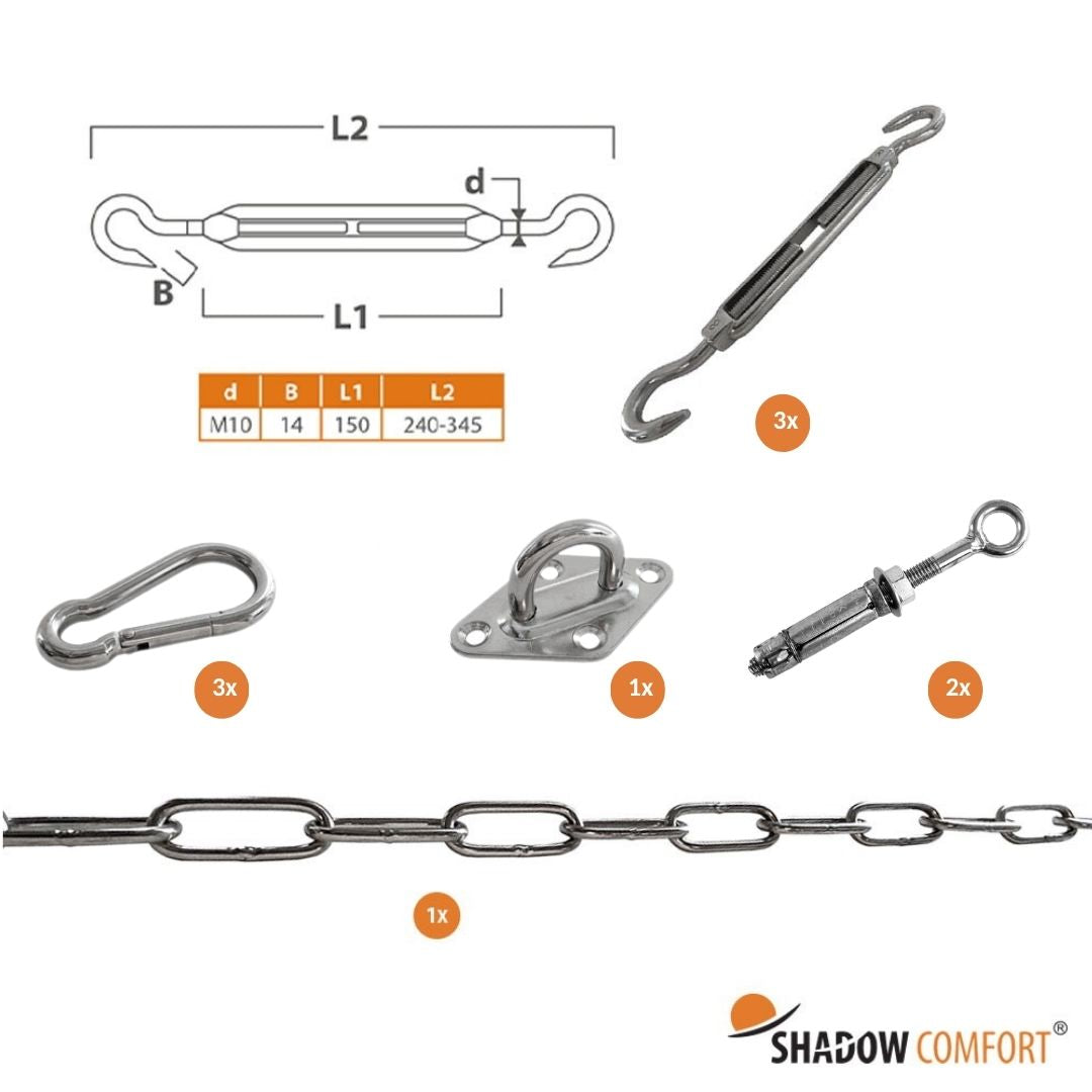 Aan huis - Complete bevestigingsset M10 voor driehoekig schaduwdoek
