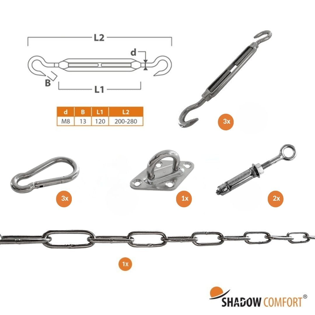 Aan huis - Complete bevestigingsset M8 voor driehoekig schaduwdoek
