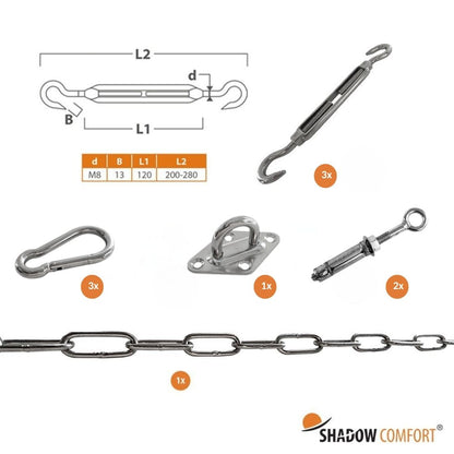 Aan huis - Complete bevestigingsset M8 voor driehoekig schaduwdoek