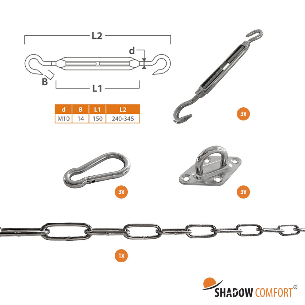 Vrijstaand - Complete bevestigingsset M10 voor driehoekig schaduwdoek