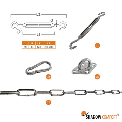 Vrijstaand -Complete bevestigingsset M8 voor driehoekig schaduwdoek