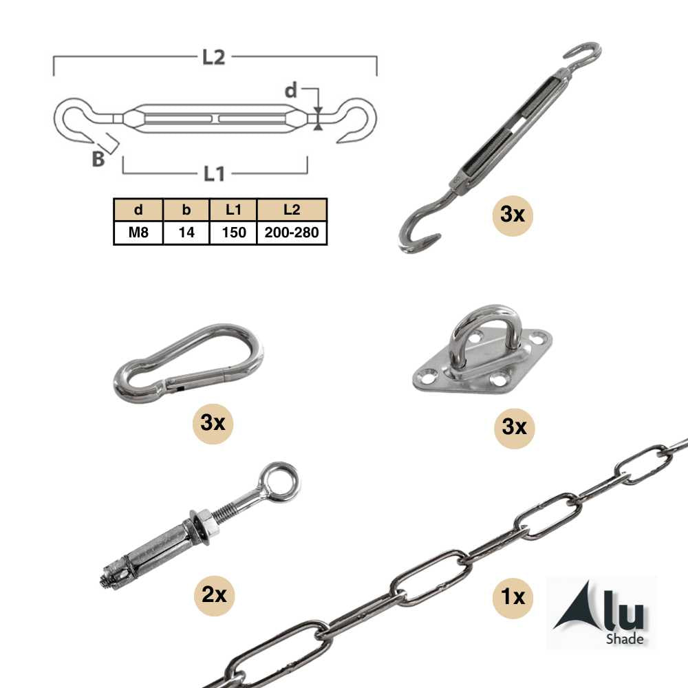 Complete bevestigingsset voor de bevestiging van een driehoekig schaduwdoek aan een huis