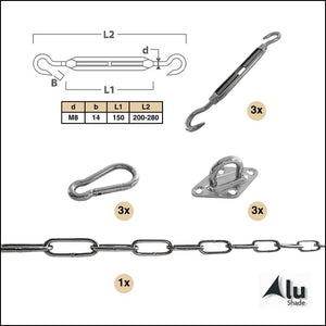 Complete bevestigingsset voor de bevestiging van een driehoekig schaduwdoek aan palen