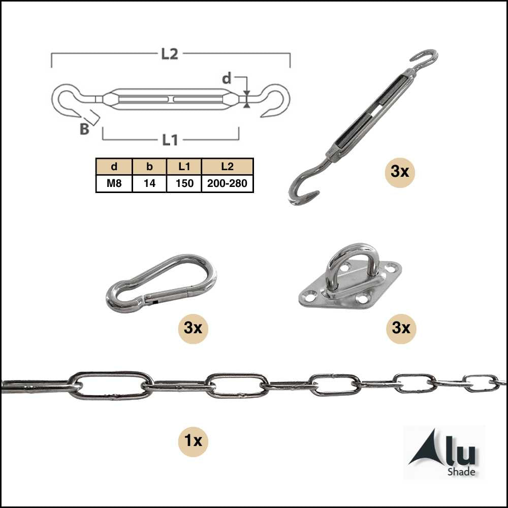 Complete bevestigingsset voor de bevestiging van een driehoekig schaduwdoek aan palen