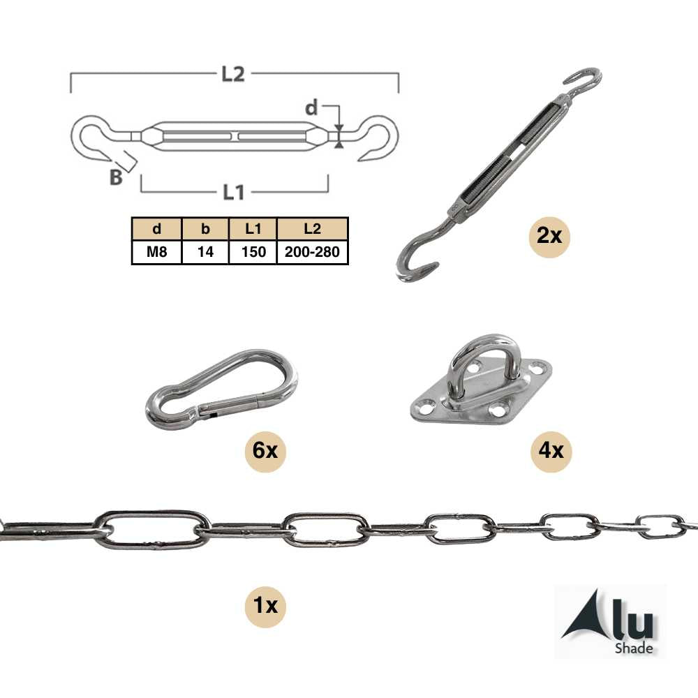 Complete bevestigingsset voor de bevestiging van een vierkant schaduwdoek aan palen