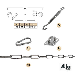 Complete bevestigingsset voor de bevestiging van een vierkant schaduwdoek aan palen