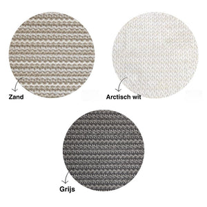 Overzicht van de beschikbare kleuren van het harmonicadoek voor pergola's. Kleuren zand, wit en grijs.