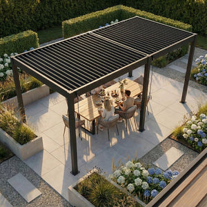 Lamellen overkapping van 3x6 meter in antraciet op een terras in een tuin