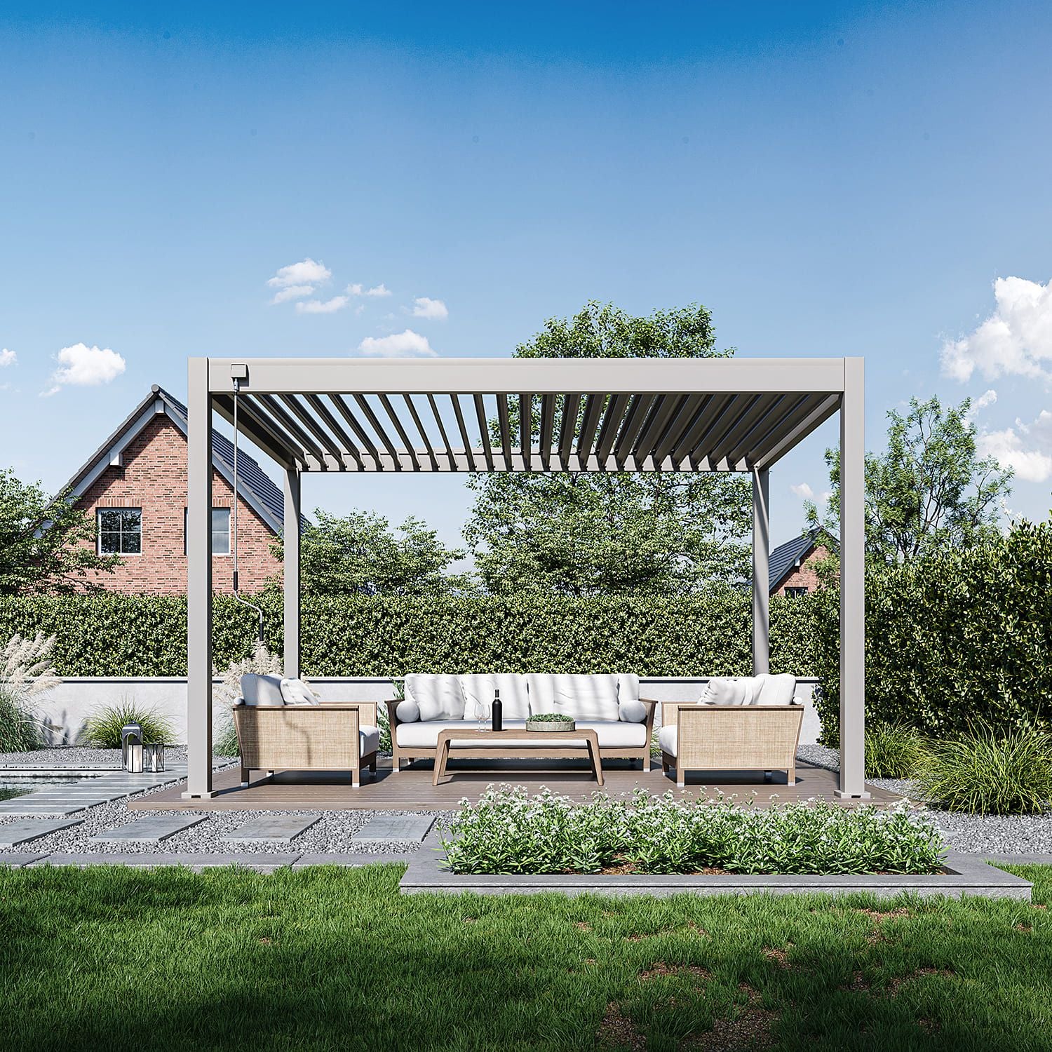 Orion Comfort Sand 300x400 zijaanzicht met open lamellen op sfeerimpressie