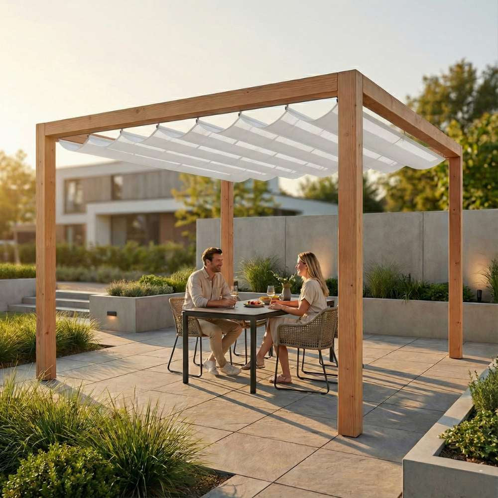 Houten pergola met wit harmonicadoek als zonwering in een moderne tuin
