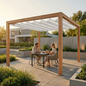 Houten pergola met wit harmonicadoek als zonwering in een moderne tuin