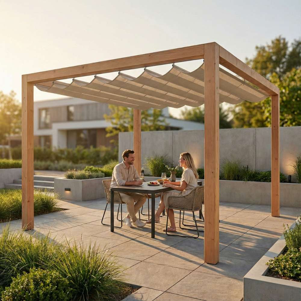 Houten pergola met zandkleurig harmonicadoek als zonwering in een moderne tuin