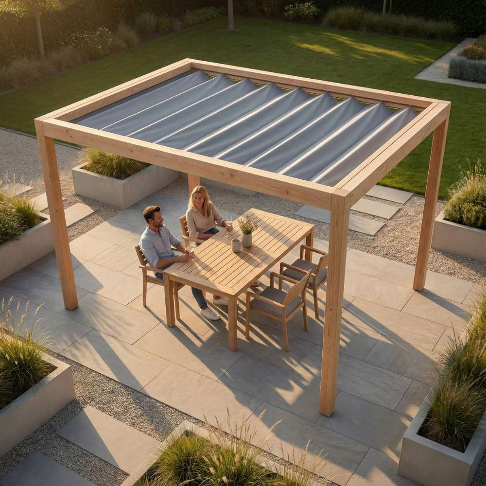 Houten pergola met grijs harmonicadoek als zonwering in een moderne tuin