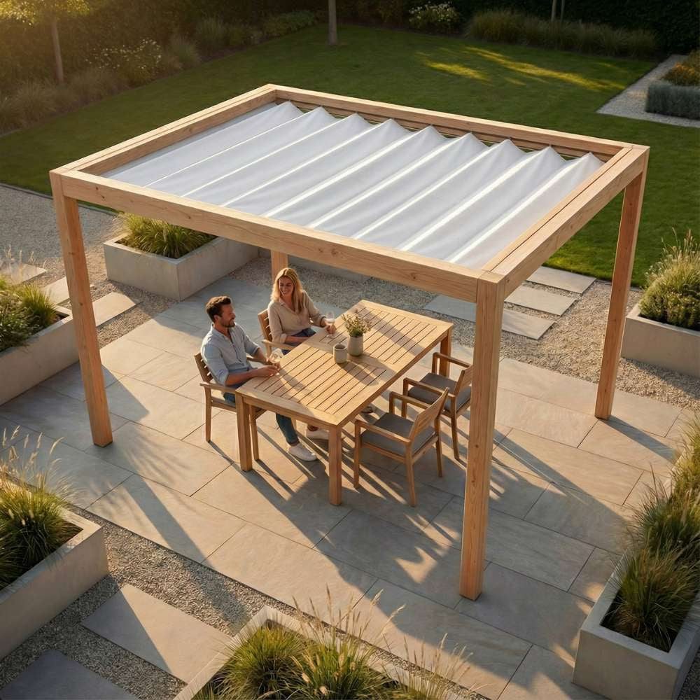 Houten pergola met grijs harmonicadoek als zonwering in een moderne tuin