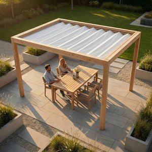 Houten pergola met wit harmonicadoek als zonwering in een moderne tuin