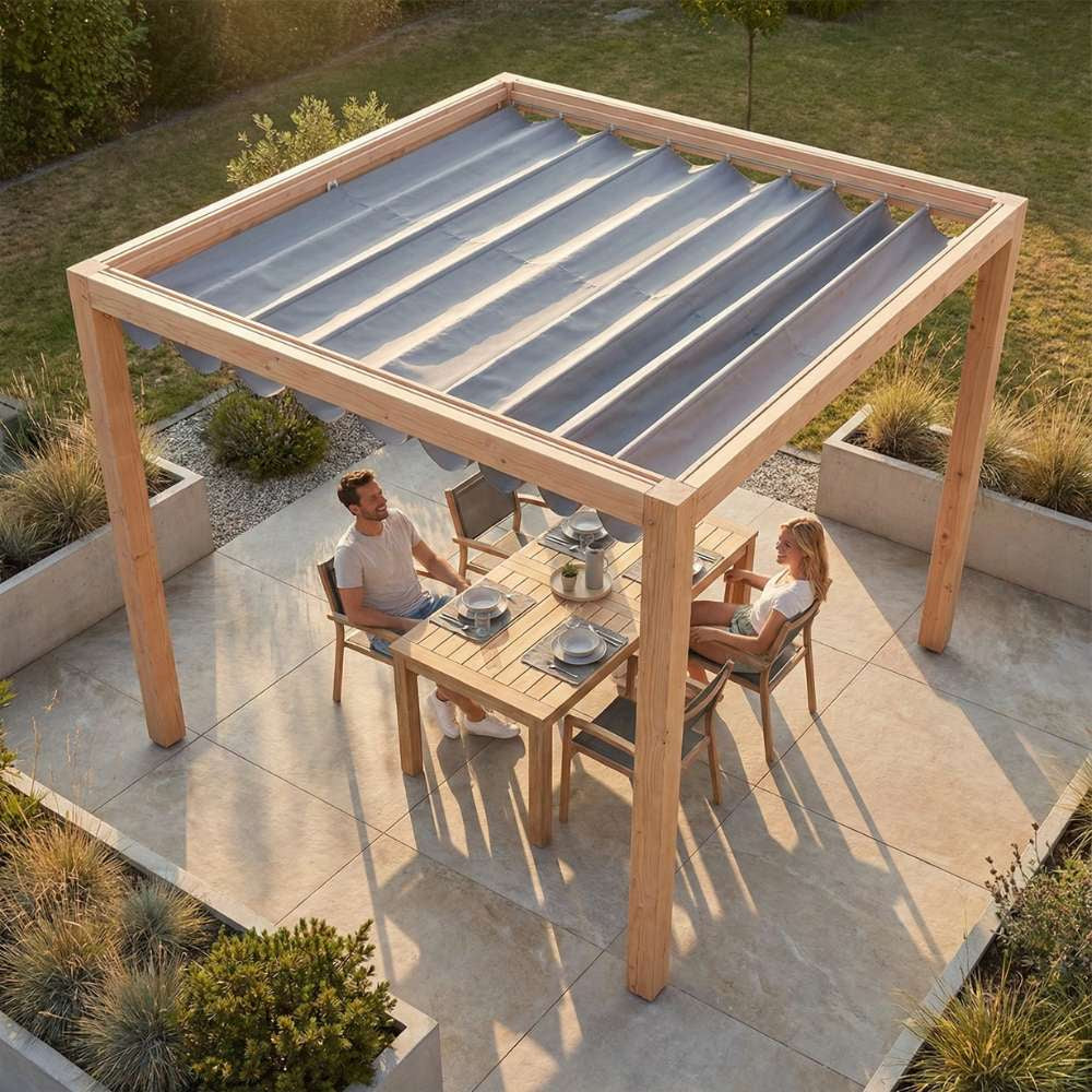 Houten pergola met grijs harmonicadoek als zonwering in een moderne tuin