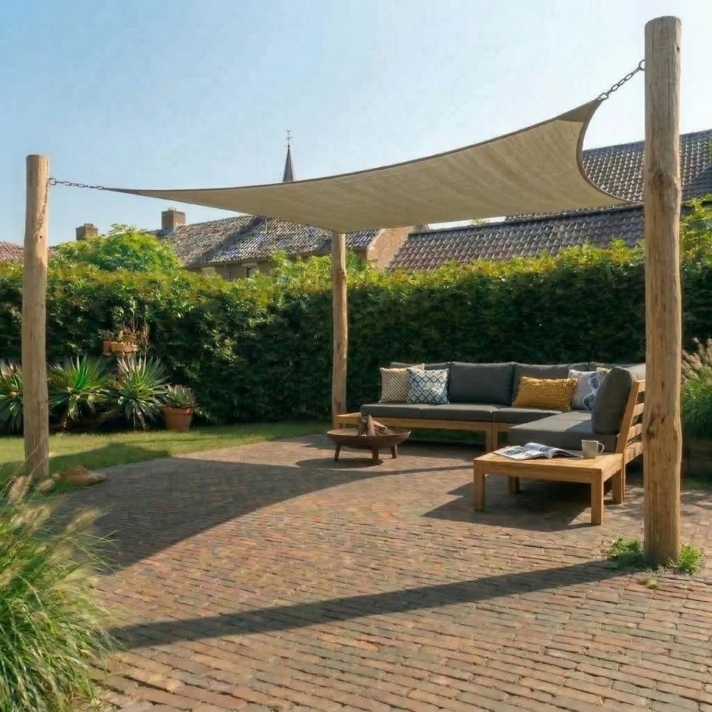 Schaduwdoek vierkant 5x5 met palen & bevestiging