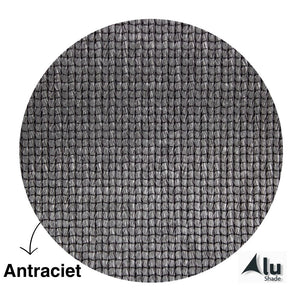 Detailfoto van het HDPE materiaal van een antraciet schaduwdoek