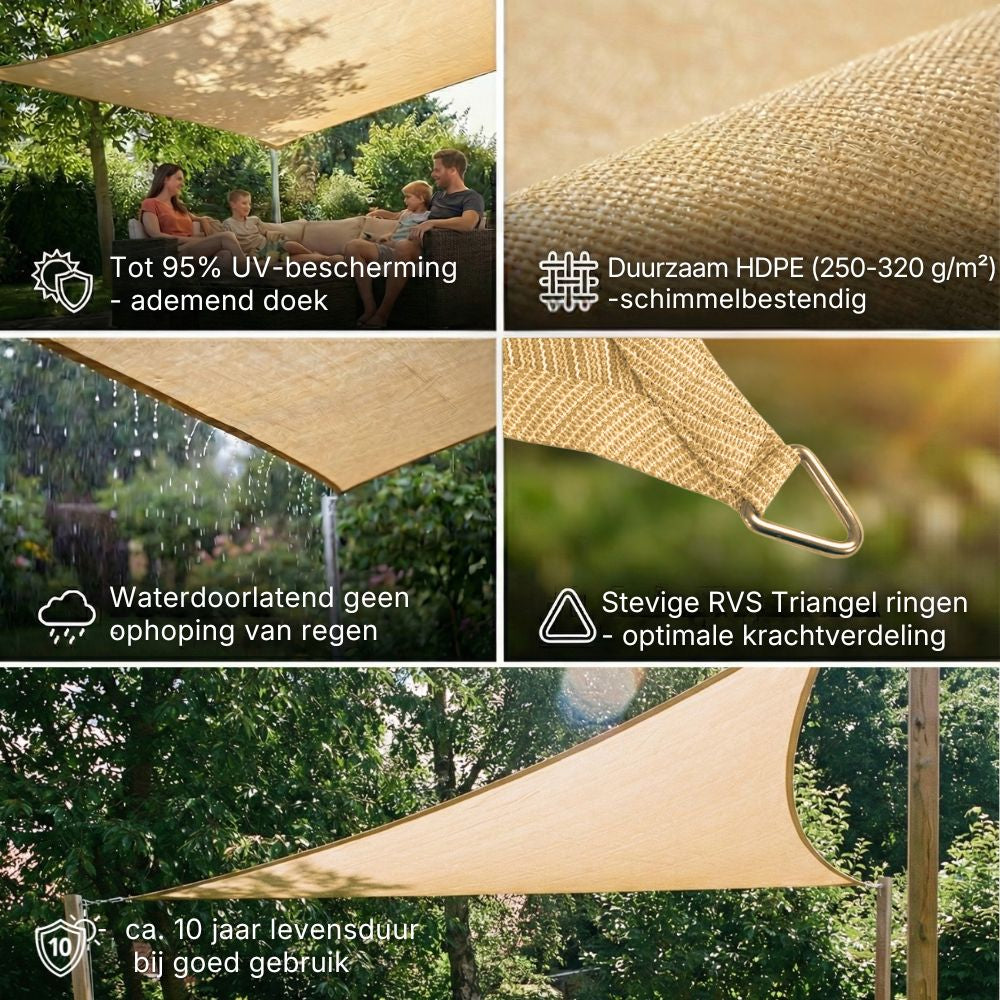 Schaduwdoek driehoek voordelen: 95% UV-bescherming, waterdoorlatend en hoge kwaliteit