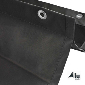 Detail van de rand van een waterdicht harmonicadoek, soft black