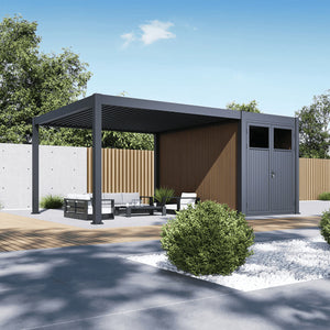 Orion opbergmodule antraciet/teak naast lamellen overkapping, perspectief